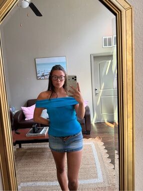 Vintage Off-Shoulder Turquoise Knit Top